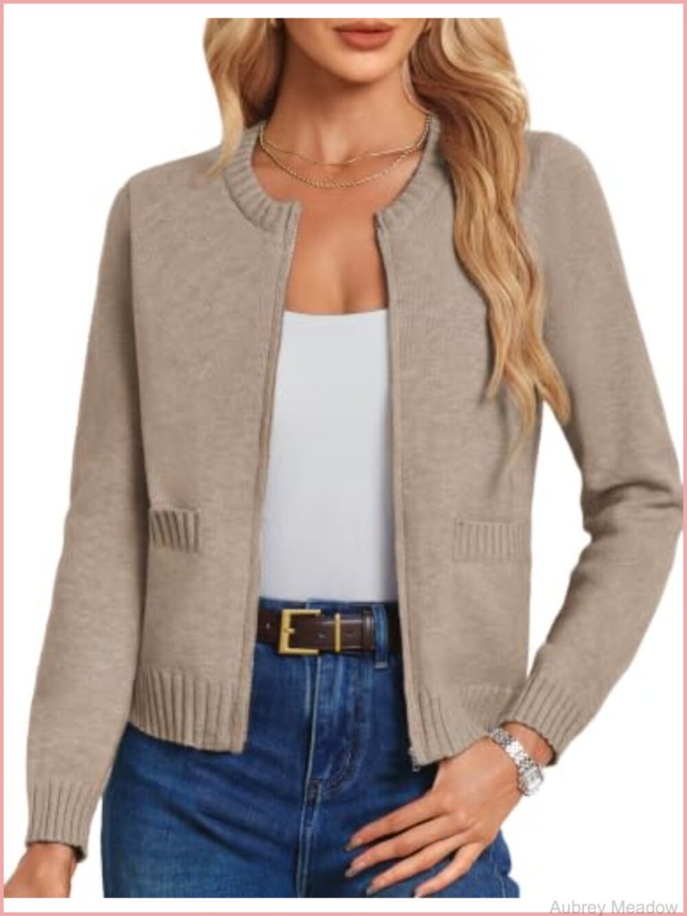 Cropped Zip Up Ribbed Knit Cardigan Sweater with Pockets